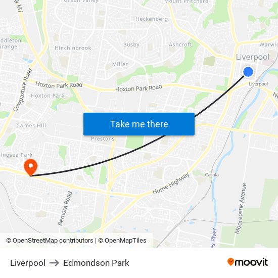 Liverpool to Edmondson Park map