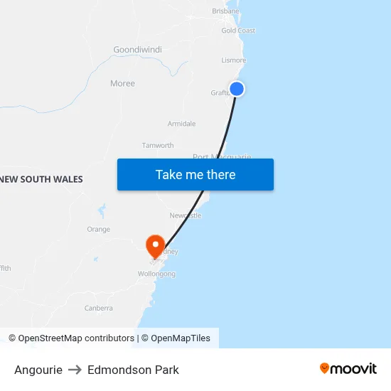 Angourie to Edmondson Park map