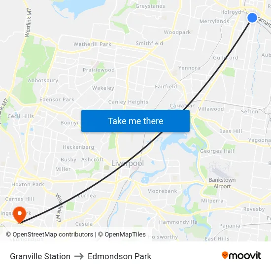 Granville Station to Edmondson Park map