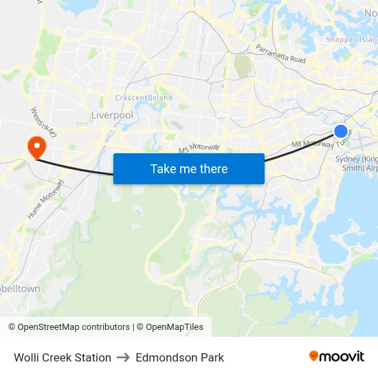 Wolli Creek Station to Edmondson Park map