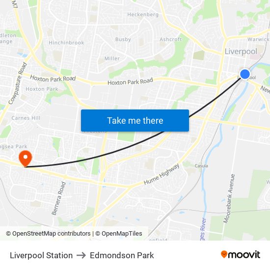 Liverpool Station to Edmondson Park map