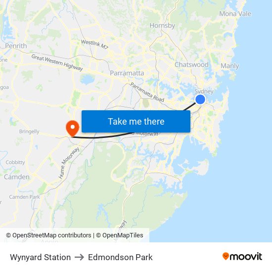 Wynyard Station to Edmondson Park map