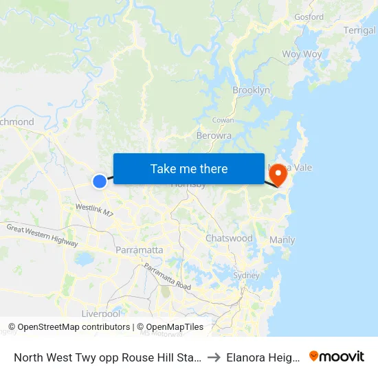 North West Twy opp Rouse Hill Station to Elanora Heights map