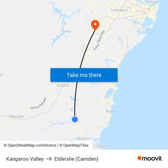 Kangaroo Valley to Elderslie (Camden) map