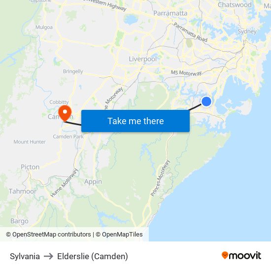 Sylvania to Elderslie (Camden) map