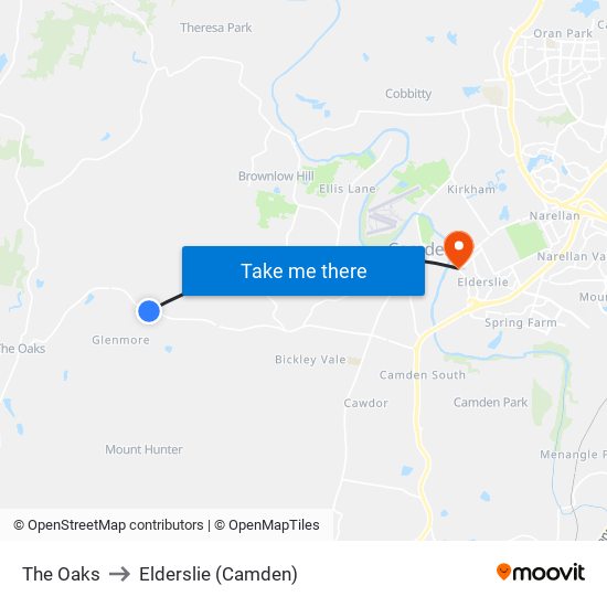 The Oaks to Elderslie (Camden) map