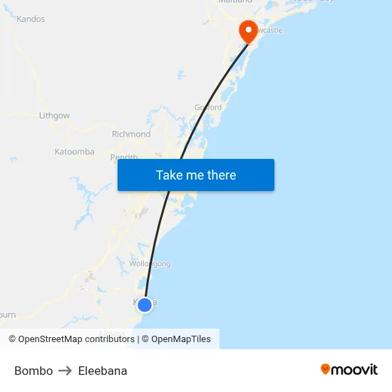 Bombo to Eleebana map