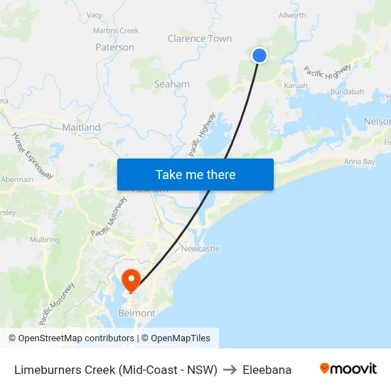 Limeburners Creek (Mid-Coast - NSW) to Eleebana map