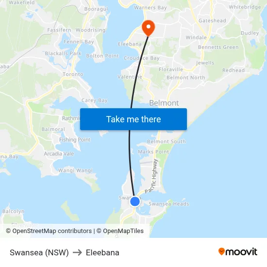 Swansea (NSW) to Eleebana map