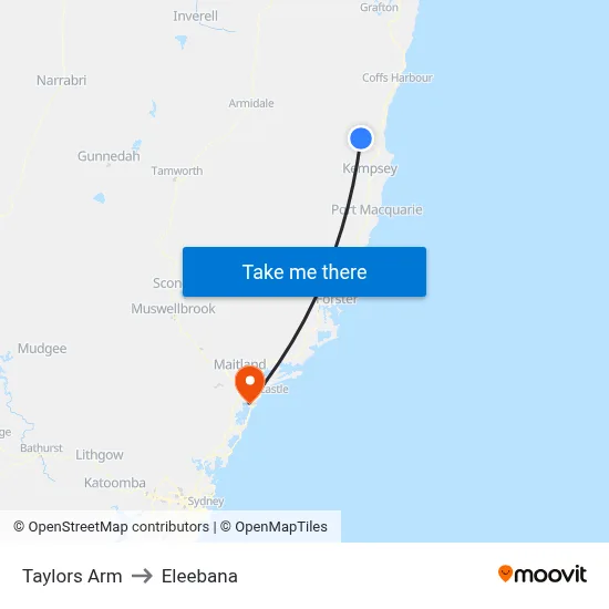 Taylors Arm to Eleebana map