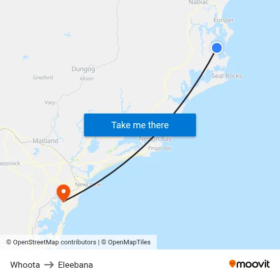 Whoota to Eleebana map