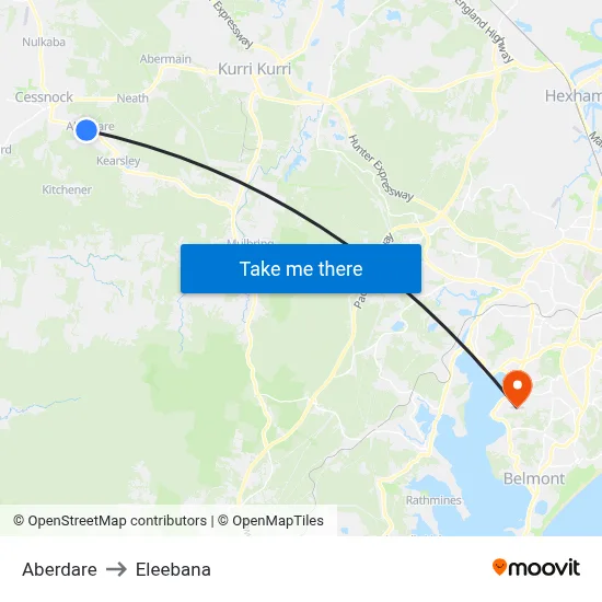 Aberdare to Eleebana map