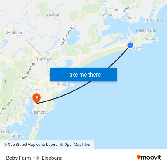 Bobs Farm to Eleebana map