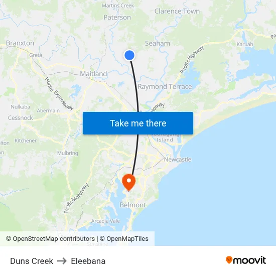 Duns Creek to Eleebana map