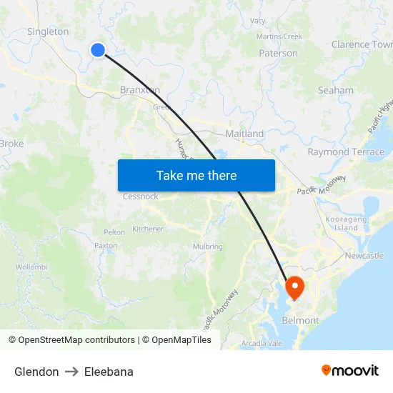 Glendon to Eleebana map