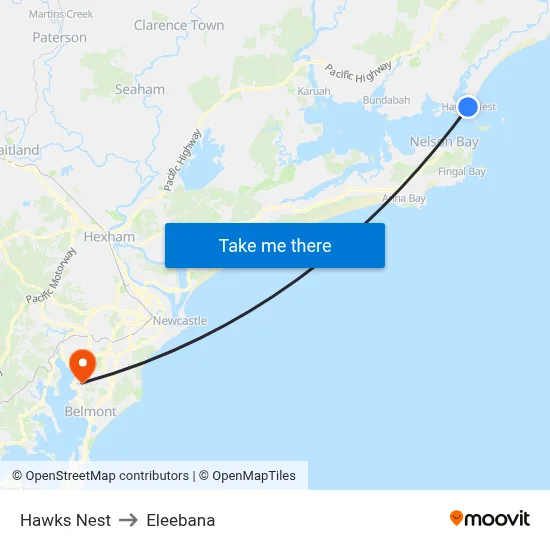 Hawks Nest to Eleebana map