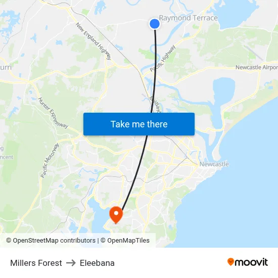 Millers Forest to Eleebana map