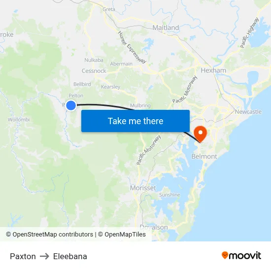 Paxton to Eleebana map