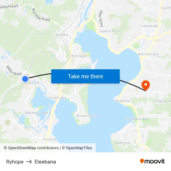 Ryhope to Eleebana map
