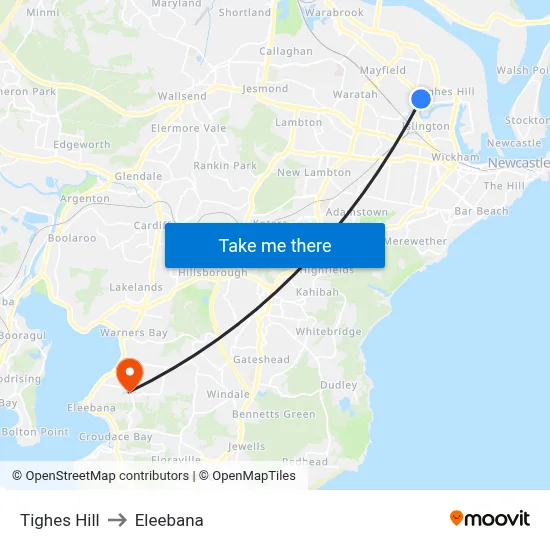 Tighes Hill to Eleebana map
