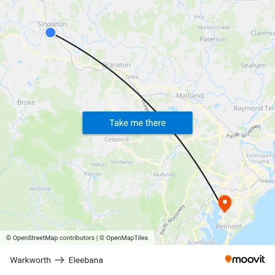 Warkworth to Eleebana map