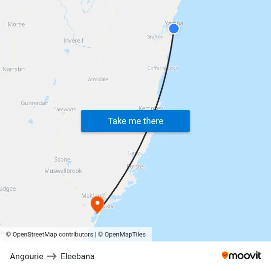Angourie to Eleebana map
