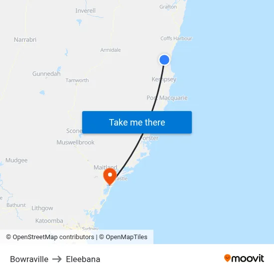 Bowraville to Eleebana map