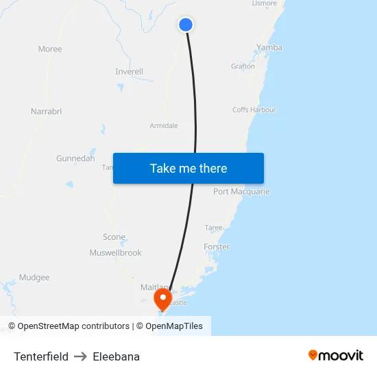 Tenterfield to Eleebana map