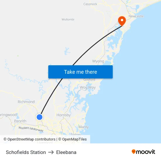 Schofields Station to Eleebana map
