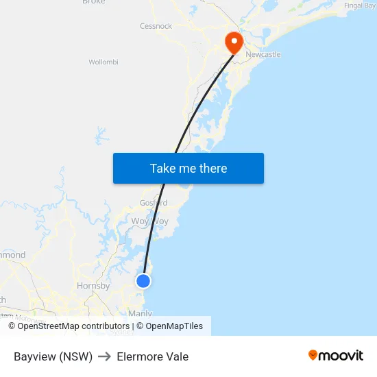 Bayview (NSW) to Elermore Vale map