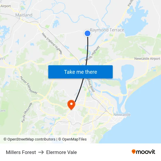 Millers Forest to Elermore Vale map