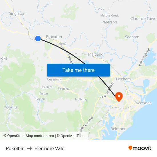 Pokolbin to Elermore Vale map