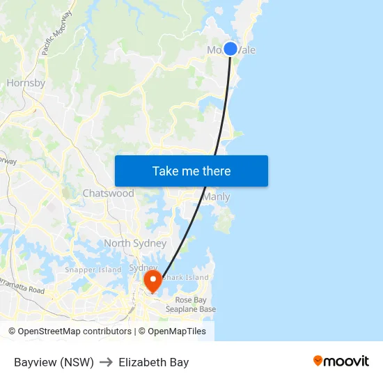 Bayview (NSW) to Elizabeth Bay map