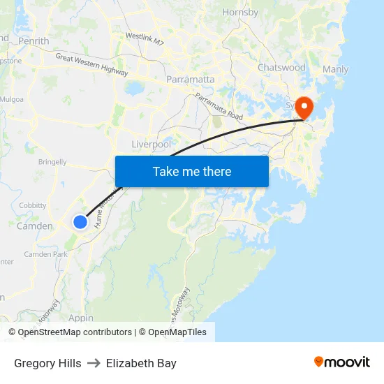 Gregory Hills to Elizabeth Bay map