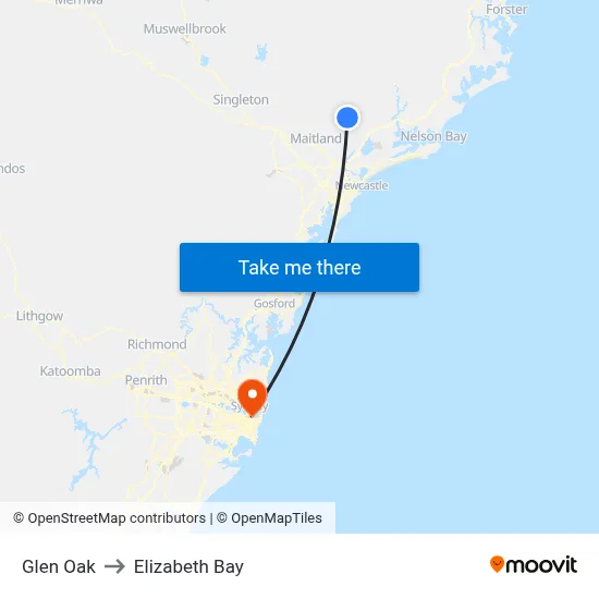 Glen Oak to Elizabeth Bay map