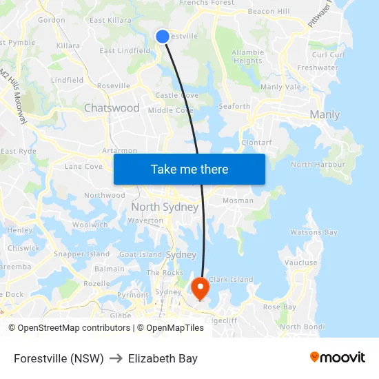 Forestville (NSW) to Elizabeth Bay map