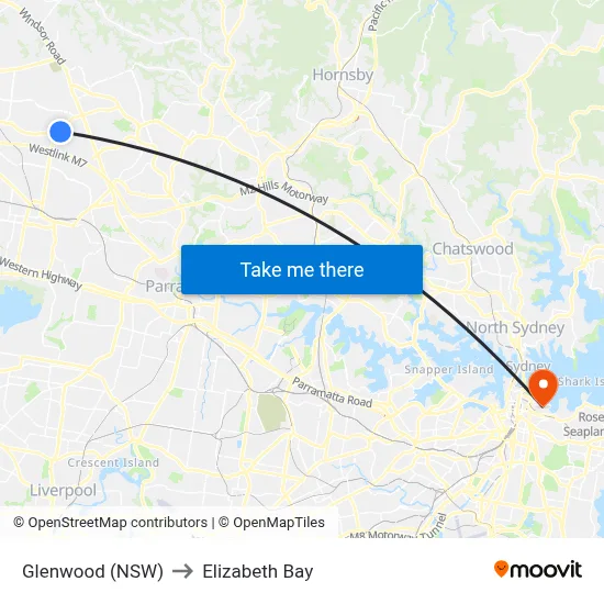 Glenwood (NSW) to Elizabeth Bay map
