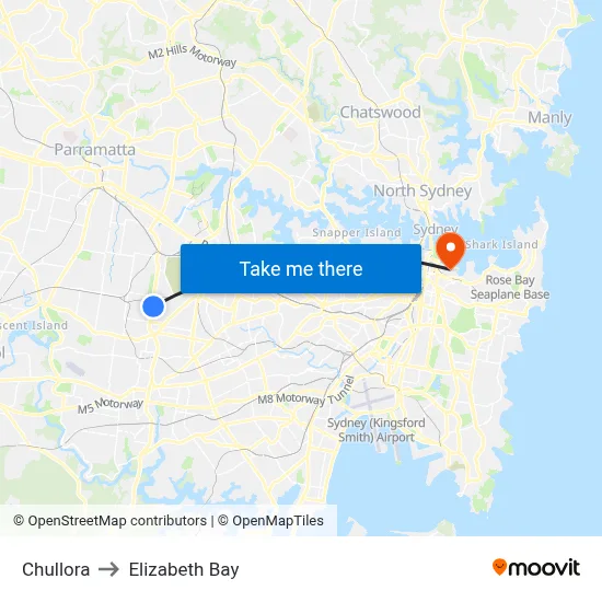 Chullora to Elizabeth Bay map