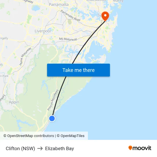 Clifton (NSW) to Elizabeth Bay map