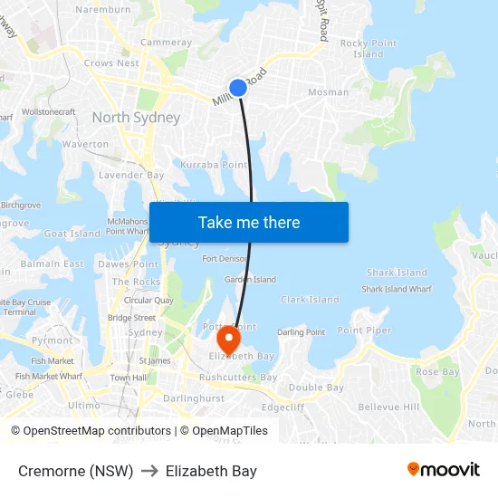 Cremorne (NSW) to Elizabeth Bay map
