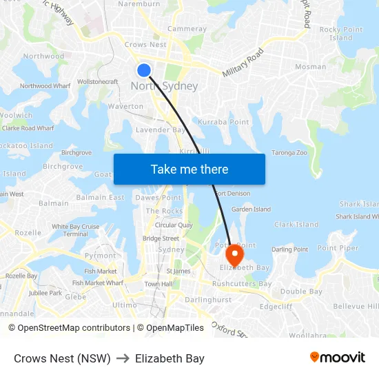Crows Nest (NSW) to Elizabeth Bay map