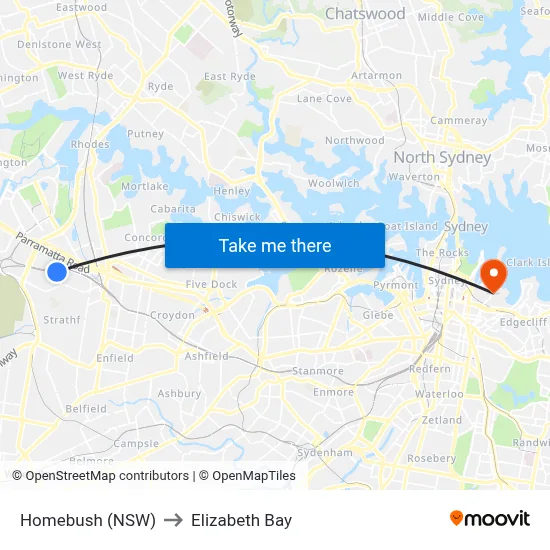 Homebush (NSW) to Elizabeth Bay map