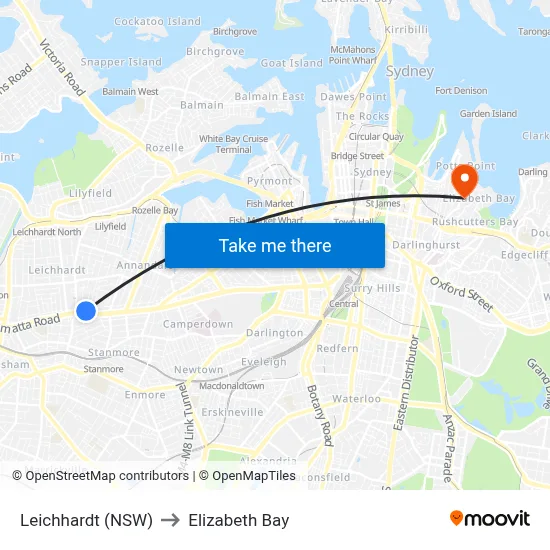 Leichhardt (NSW) to Elizabeth Bay map