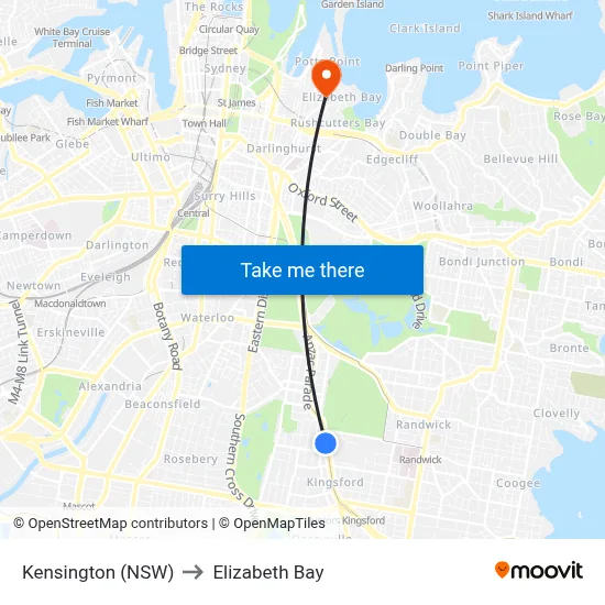 Kensington (NSW) to Elizabeth Bay map