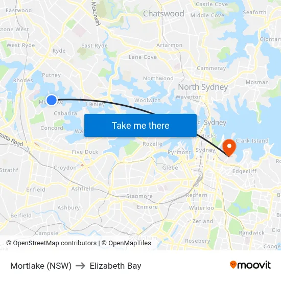 Mortlake (NSW) to Elizabeth Bay map