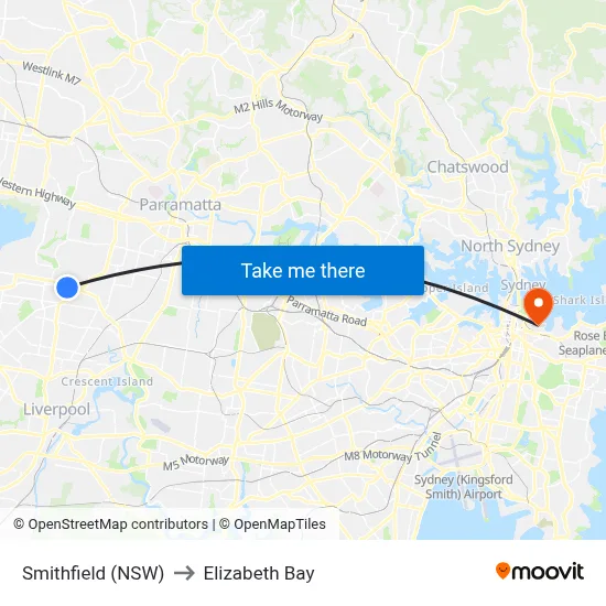 Smithfield (NSW) to Elizabeth Bay map