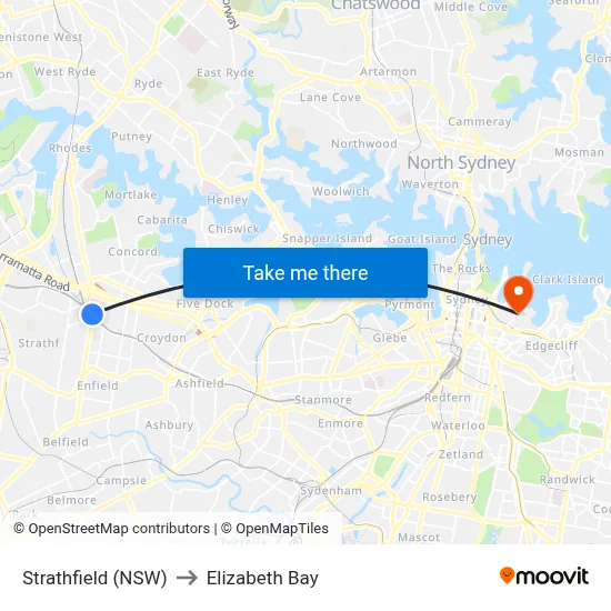 Strathfield (NSW) to Elizabeth Bay map