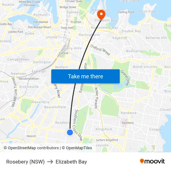 Rosebery (NSW) to Elizabeth Bay map