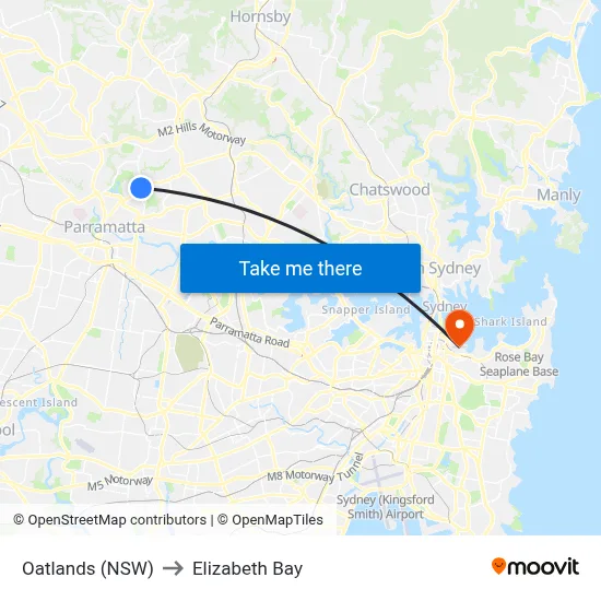 Oatlands (NSW) to Elizabeth Bay map