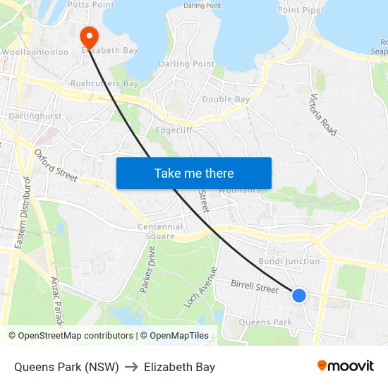 Queens Park (NSW) to Elizabeth Bay map